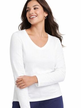 Women’s Classic V-Neck Long Sleeve Top - White Hanes